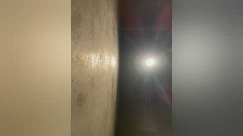 Video of a dimly lit, narrow hallway with a bright, glowing light source at the center, creating a lens flare effect. The walls are beige and slightly textured. The lighting emphasizes the stark contrast between light and shadow.