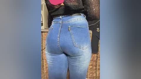Video of a person wearing tight, light blue jeans that accentuate their round buttocks. They have a black, textured sweater on and are standing in a kitchen with a granite countertop and dark cabinets.