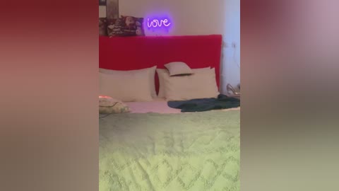 A blurred video of a bed with red headboard, white pillows, green bedspread, and \"Love\" sign in purple.