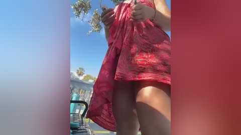 Video of a woman lifting her red, floral-patterned dress, revealing her bare buttocks. Background includes a clear blue sky, palm trees, and a poolside setting.