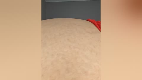 Video of a close-up, full-body view of a person lying on their back, with a large, rounded belly taking up most of the frame. The skin appears pale, and a red garment is visible at the upper right edge.