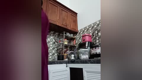 Media: Video of a small, retro kitchen with a purple apron-wearing person, wooden cabinets, and a pink blender on a patterned backsplash.