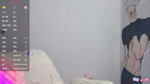 Video of a white woman with short silver hair, wearing a black crop top and black pants, standing in a dimly lit bedroom, holding a phone with a camera app open.