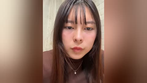 Video of an East Asian woman with long, straight, dark hair and bangs, wearing a brown turtleneck and silver necklace. She has a neutral expression, with soft lighting creating a natural, unfiltered appearance.