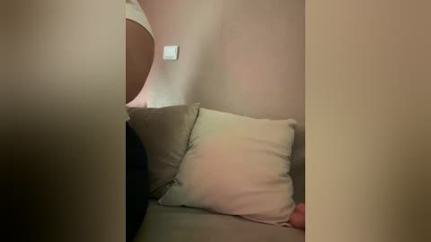 A video of a dimly lit room with beige walls, featuring a white pillow and a beige pillow on a bed, with a white light switch on the wall.
