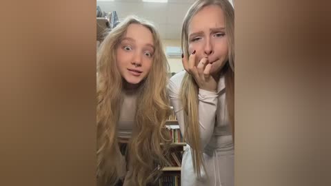 Video of two young women with long, wavy blonde hair, dressed in white sweaters, leaning into the frame, looking confused. Background shows bookshelves and a blurred, beige wall.