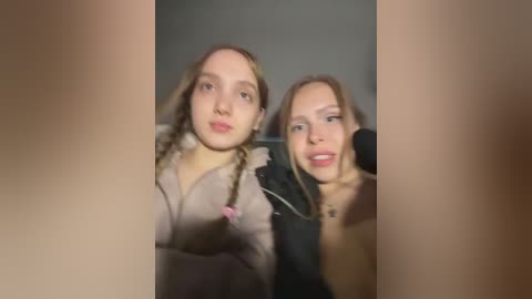 Video of two young Caucasian girls with light skin and brown hair in braids, smiling widely, wearing casual clothes. Background is blurred, giving an intimate indoor setting.