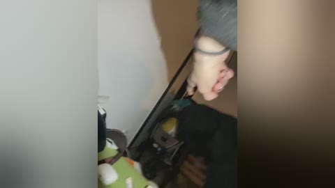 Media: Video of a person with a black hat, glasses, and mouth open, partially reflected in a mirror, surrounded by cluttered objects on a green surface.