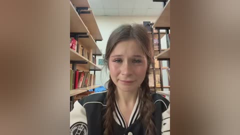 Video of a young girl with brown pigtails, wearing a black and white hockey jersey, standing in a library with wooden shelves filled with books.