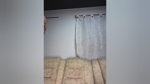 A video of a dimly lit, beige-patterned sofa and a white curtain with a floral design. The scene is framed by a narrow, dark doorway.