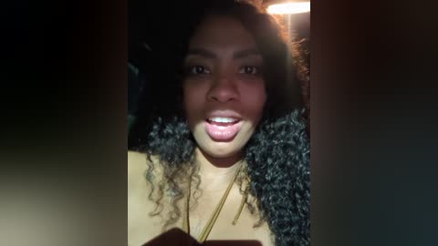 Video of a smiling Black woman with medium brown skin and curly black hair, wearing a gold necklace, taken in dim lighting.