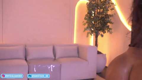 A video of a cozy living room with a light gray couch, a tall potted plant, and warm ambient lighting.