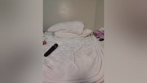 Media: Video of a messy, unmade bed with white sheets, a black remote control, and a pink and white patterned blanket partially visible, against a plain white wall.