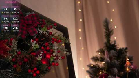 Video of a cozy room with a large, vibrant red wreath on the left, and a smaller, decorated Christmas tree with glowing lights on the right, both set against soft, warm beige curtains.