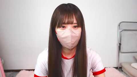 Video of an East Asian woman with long black hair, wearing a white T-shirt, red trim, and a surgical mask, sitting indoors on a pink furry rug against a white wall.