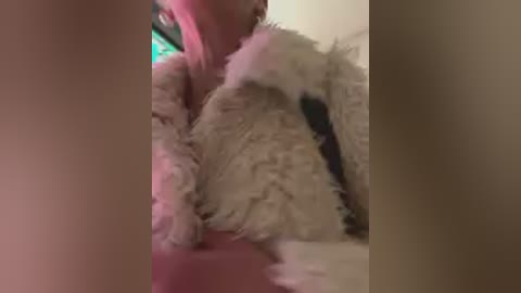 A blurred video showing a person with pink hair and a furry, white, possibly plush, object in a dimly lit room.