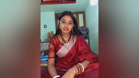 Video of a woman in red saree with gold jewelry, sitting in a cluttered room with a bed, cupboard, and hanging clothes in the background.