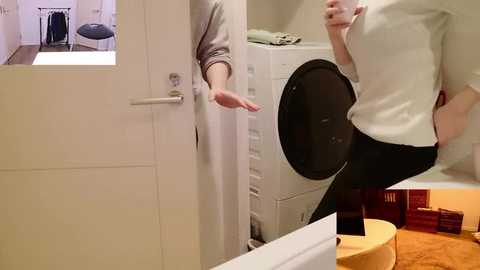 Video: A person in a white sweater and black pants is in a laundry room, reaching for a white washing machine. The background shows a small bathroom and a wooden floor.