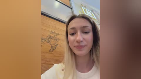 Video of a young Caucasian woman with straight, light brown hair, wearing a white t-shirt, standing in a wooden-paneled room with a deer mural.