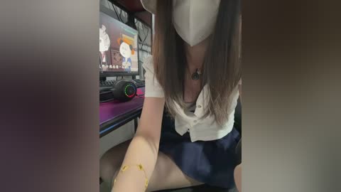Video of a woman with long brown hair, wearing a white mask, white top, and blue skirt, playing a video game on a monitor in a dimly lit room.