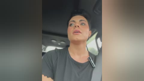 Video of a person with short dark hair and fair skin wearing a grey t-shirt, seen from the neck up, seated in a car with a visible seatbelt and blurred background.