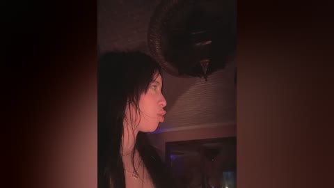 A video of a young woman with long, dark hair and pale skin, her face partially illuminated by a dim light, gazing upwards at a large, dark, coiled snake on a ceiling. The background is dark and indistinct.