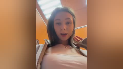 Media: Video of an Asian woman with straight, shoulder-length black hair, wearing a light-colored top, posing in an elevator with a man's hand on her neck, creating a tense, intimate moment.