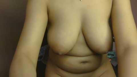 Video of a nude, light-skinned woman with medium-sized, natural breasts, sitting against a blurred, dark background. Her arms are bent, hands resting on her thighs, and a small, delicate necklace is visible around her neck.