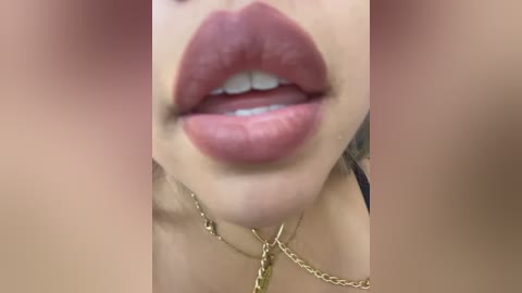Video of a close-up of a woman's full, glossy, dark pink lips with slightly parted teeth, wearing a gold chain necklace.