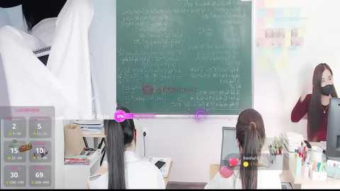 Video of a classroom with three Asian women wearing white lab coats and masks, sitting at desks, facing a green chalkboard with complex equations. The room is brightly lit, and colorful posters decorate the walls.