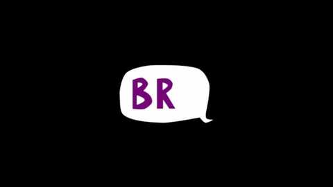 A digital drawing of a white speech bubble on a black background with bold purple capital letters \"BR\" inside, resembling the \"BR\" logo. The bubble has a tail extending to the right.