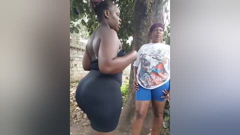 Video of two African-American women in a garden. One woman, in a black bodysuit, stands with her back to the camera, emphasizing her curvy figure. The other, in a graphic t-shirt and blue shorts, stands to her right.