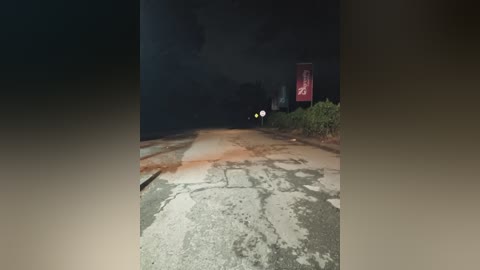 Media: Video of a dimly lit, rain-soaked street at night with puddles, a red sign, and green bushes on the right, leading into a dark, smoky atmosphere.