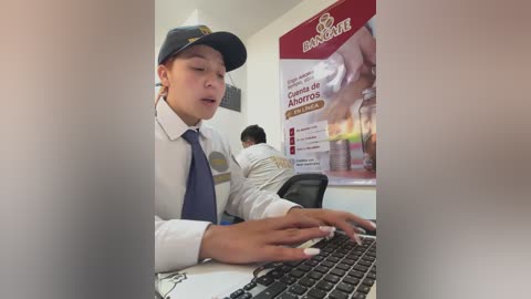 Video of a young Hispanic man in a Banco Santander uniform, white shirt, blue tie, and cap, typing at a computer in a bank office.
