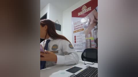 Video of a Banco Azteca bank interior with a female employee in a white shirt and blue tie, reading paperwork at a desk. A promotional poster is visible in the background.
