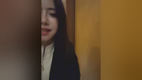 Video of an Asian woman with straight, dark hair, wearing a black blazer over a white blouse, partially hidden by a vertical wooden panel.