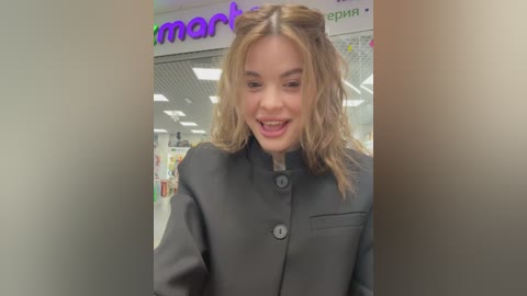 Video of a smiling young woman with curly blonde hair, wearing a dark coat, in a brightly lit supermarket aisle with fluorescent lighting and colorful product displays.
