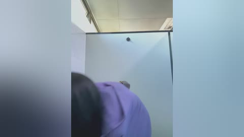 Video of a public restroom stall featuring a purple jacket hanging on a hook, a toilet seat, and a small ceiling light. The walls are light blue and the floor is tiled.