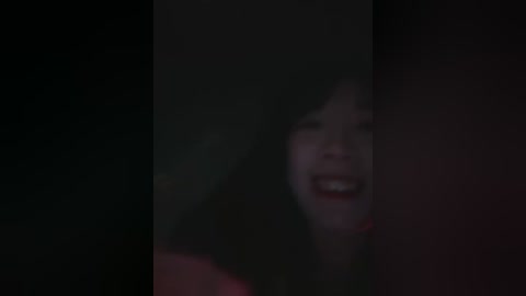 A blurry video of a woman with long, dark hair, partially visible, smiling in dim lighting.