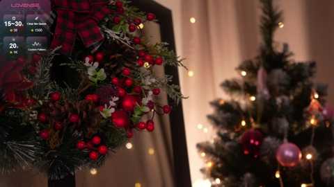 Video of a cozy Christmas scene with a decorated tree in the background and a close-up of a wreath adorned with red berries and pinecones on the left.