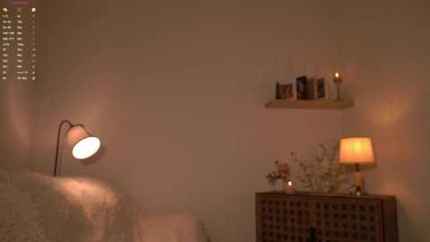 Media: A dimly lit video of a cozy bedroom with beige walls, a wooden bedside table, a shelf with candles, a lamp, and a textured bedspread.