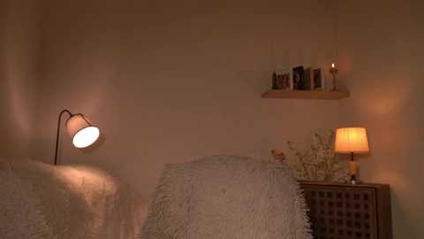 Media: A video of a cozy bedroom with beige walls, featuring a warm, dimly lit space. A bed with a white, fluffy blanket is partially visible, and a small wooden shelf holds books and a candle.