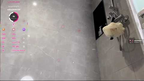 Video of a modern bathroom with a grey tiled wall, a white sink, and a pink-tinted mirror. A white fluffy towel hangs on a metal hook.