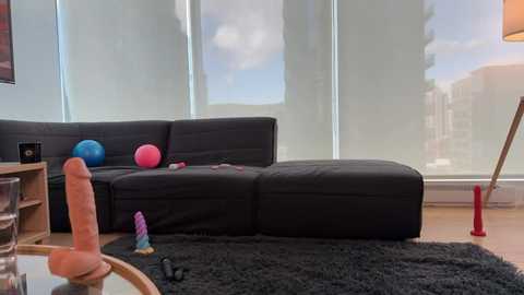 Video of a modern living room with a black sectional sofa, colorful toys, a dildo on the floor, and a red tripod in the background.