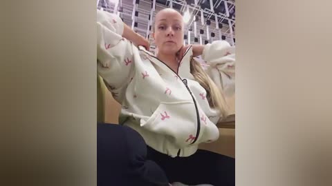 A video of a blonde woman in a white jacket with pink bird patterns, stretching indoors, with a gymnasium's high ceiling and metal beams in the background.