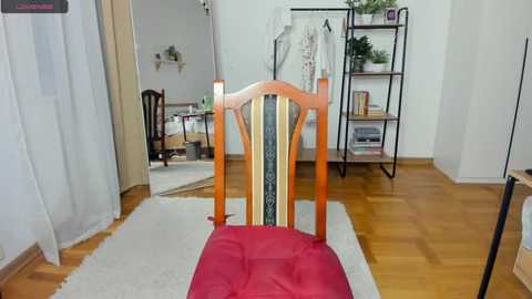 Video of a modern, minimalist bedroom with a wooden chair, red cushioned seat, and a mirror reflecting the room's light wood floor and white walls. A black bookshelf holds plants and books.