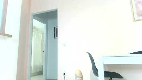 Video of a minimalist, well-lit bedroom with a white wall, open doorway to a hall, a white desk, a black office chair, and a small potted plant.