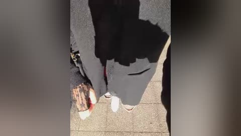 Video of a person wearing a black coat, bent over, with a brown and white dog's paw and a leash visible on the pavement. The image is slightly blurred.