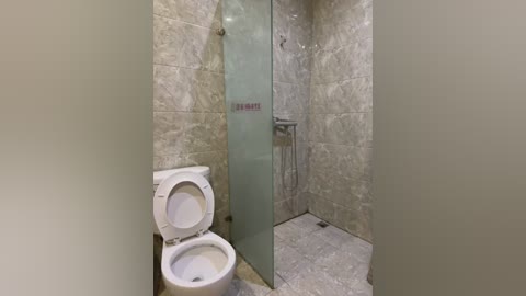 Video of a modern, compact bathroom with a white toilet, a frosted glass door, and beige marble tiles. The toilet is partially visible, and the bathroom has a minimalist design.