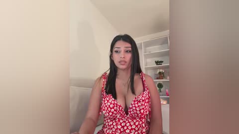 A video of a curvy, Latina woman with long, straight black hair, wearing a low-cut, red dress with white floral patterns, standing in a bright, minimalistic room with white shelves and a potted plant in the background.